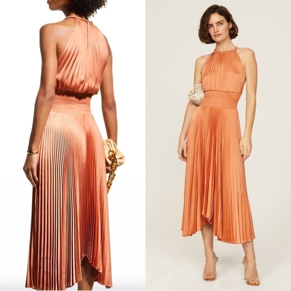 ALC Copper Satin Pleated Sleeveless Halter Smocked Waist Asymmetrical Hem Gown 2 - Picture 7 of 16